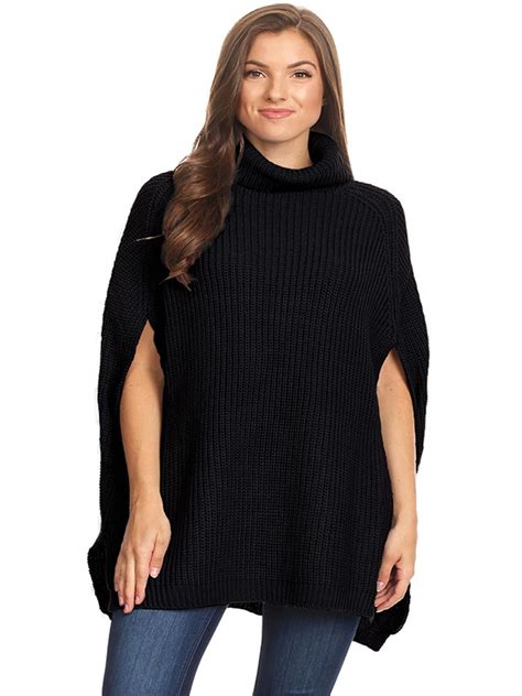 Fashionjoa Womens Solid Knit Casual Cape Fit Poncho Turtleneck