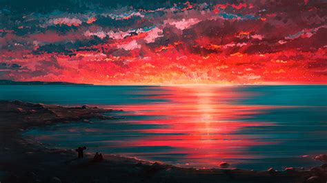 Download Sunset Coast Sea Digital Art Wallpaper