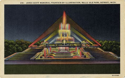 The james scott memorial fountain is located at the west end of belle isle park, which is situated in the narrows of the detroit river, midway between the united states and canada. James Scott Memorial Fountain at night | DPL DAMS