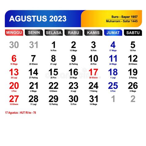 Kalender Bulan Agustus 2023 Longkap Dengan Hari Libur Foto De Archivo