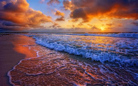 Sunset Sea Coast Surf Waves Clouds Wallpaper Nature