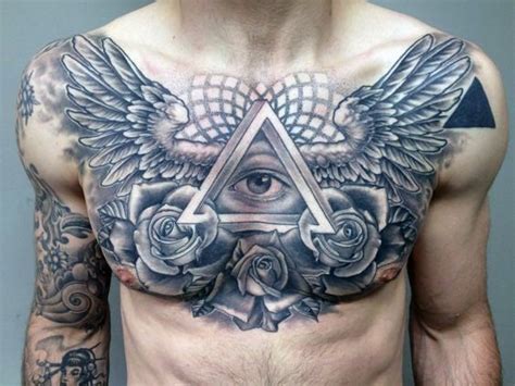 Male With Geometric Wings And All Seeing Eye Ches Tattoo