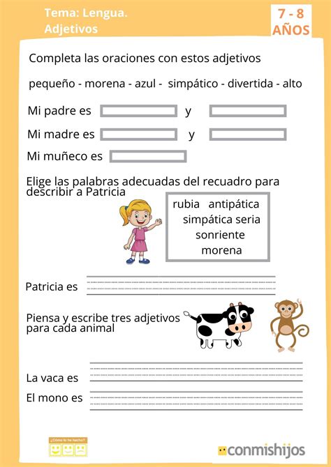 Ejercicios De Adjetivos Para NiÃ±os Uno