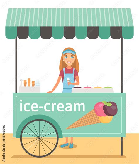 Flat Vector Illustration Of Ice Cream Seller Girl Sells Ice Cream In