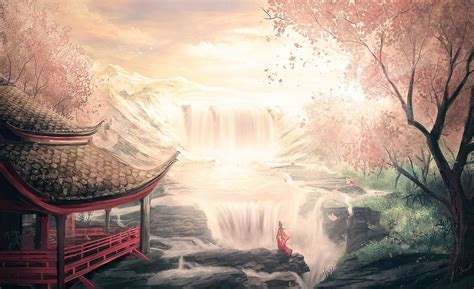 Wallpaper Japan Sunlight Fantasy Art Water Morning Japanese Garden Cherry Trees