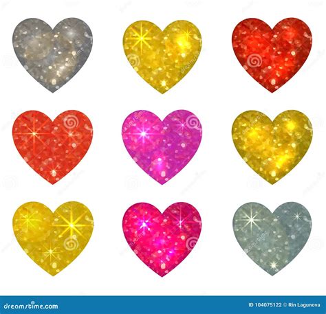 Set Of Glittering Hearts Isolated On White Vector Illustration Stock