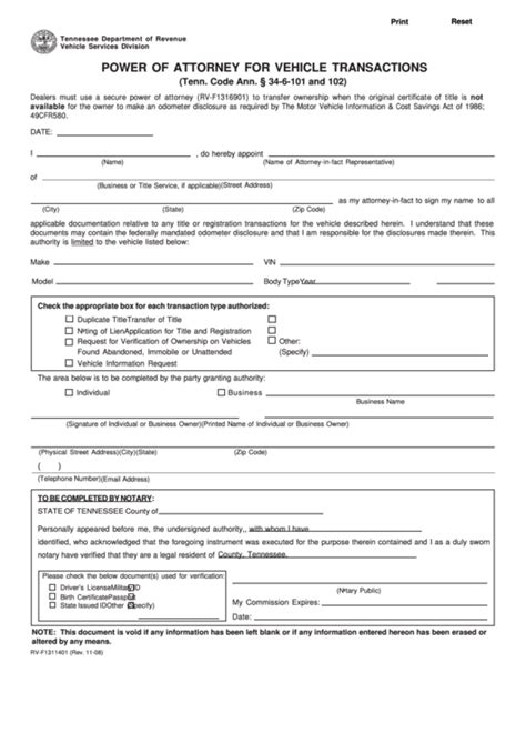 Fillable Power Of Attorney For Vehicle Transactions Printable Pdf Download