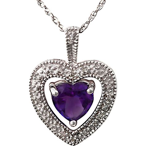 Sterling Silver Amethyst Heart Shaped Pendant With Diamond Accents