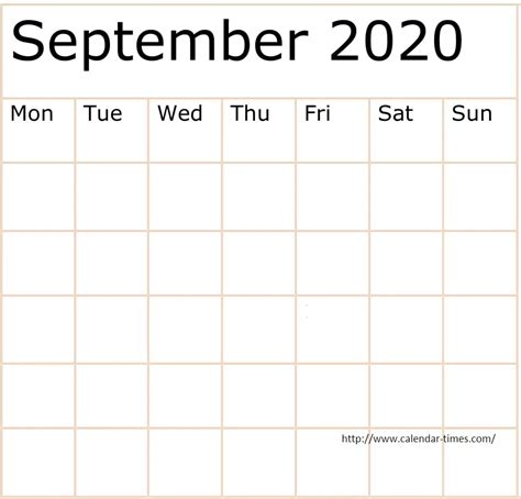 September 2020 Blank Calendar Pdf Word Pages Blank Calendar