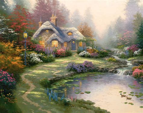 Everetts Cottage By Thomas Kinkade ~ Pond Stream Spring Flowers Thomas