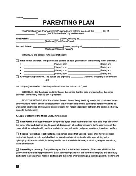 Parenting Plan Template Free Child Custody Agreement Form Legal