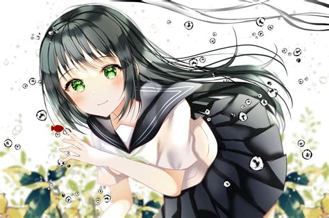 Wallpaper Blushes Black Hair Green Eyes Cute Anime Girl School