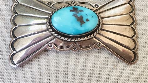 Navajo Turquoise Brooch Pin Sterling Silver Vintage Native American Hand Stamped Artist Signed E