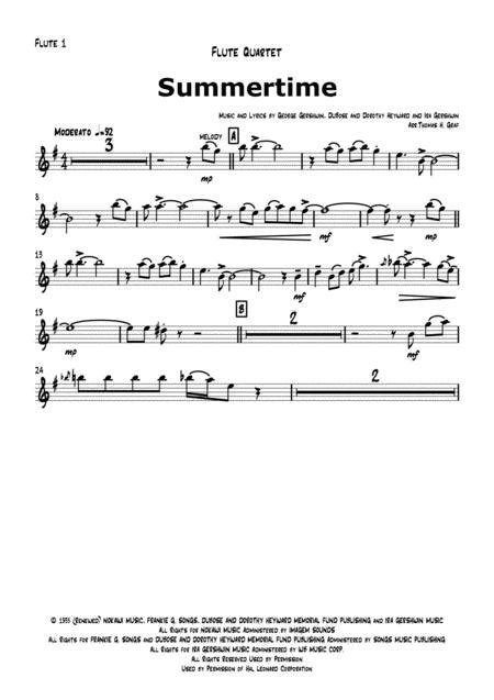 Summertime Gershwin Ballad Flute Quartet By George Gershwin