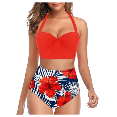 Mlqidk Women Two Piece High Waisted Bikini Set Swimsuits Push Up Halter Tummy Control Bottoms