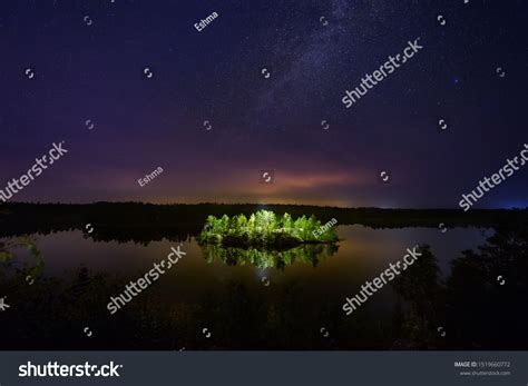 Mysterious Illuminated Island On Forest Lake Stock Photo 1519660772