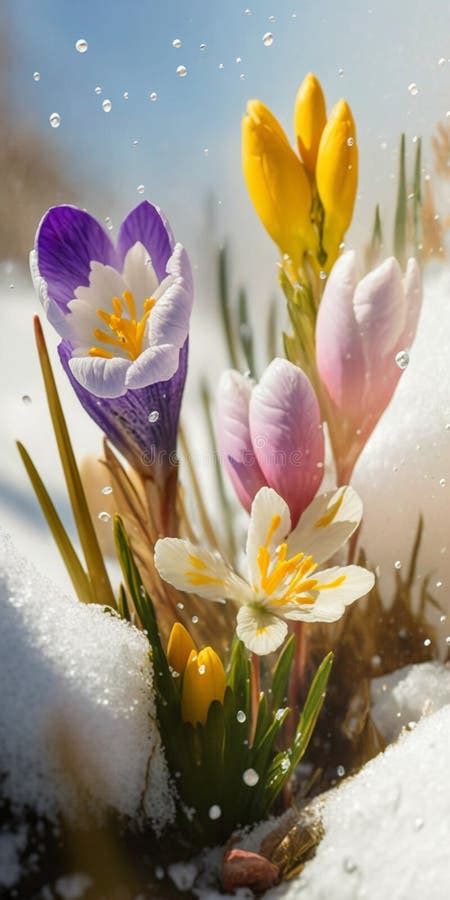 Close Look Of Spring Flowers In Superimposed Snow Bright Day Stock