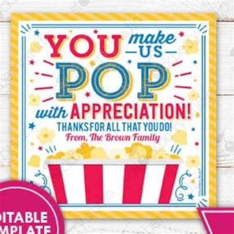 Printableeditable Just Poppin By To Say Thank You Popcorn Etsy