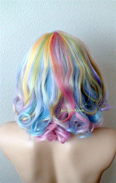 Pastel Wig Short Wig Rainbow Color Short Wavy Hairstyle Wig Short