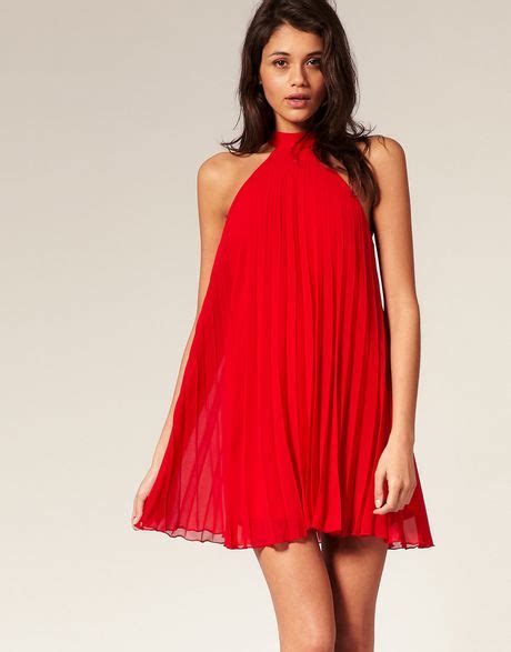 Asos Collection Asos Pleated Swing Dress With Halter Neck In Red Lyst