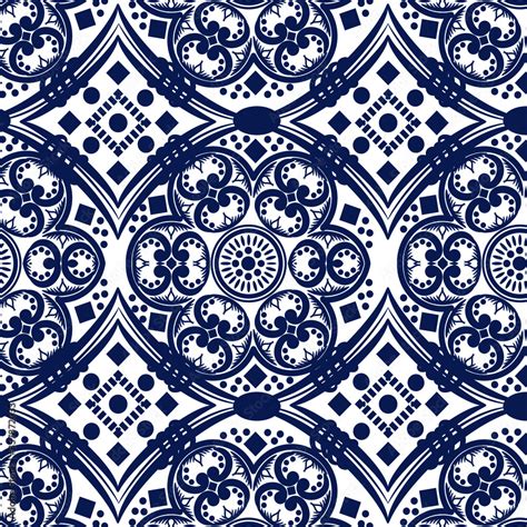 Diseño Vectorial En Patron Estilo Talavera Mexicana Con Colores En Azul
