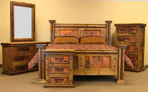 Bed made out of solid old wood. LMT | Natural Finish Copper Panel Rustic Bedroom Set ...