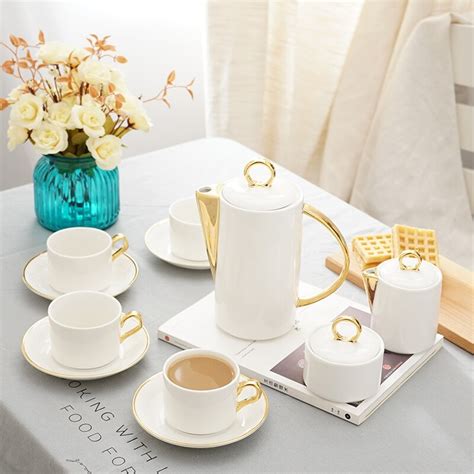 11 Pcs Luxury Modern Gold Ceramic Bone China Tea Coffee Sets 1 Teapot 4