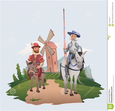 Don Quixote En Sancho Panza Die Op Windmolenachtergrond Berijden