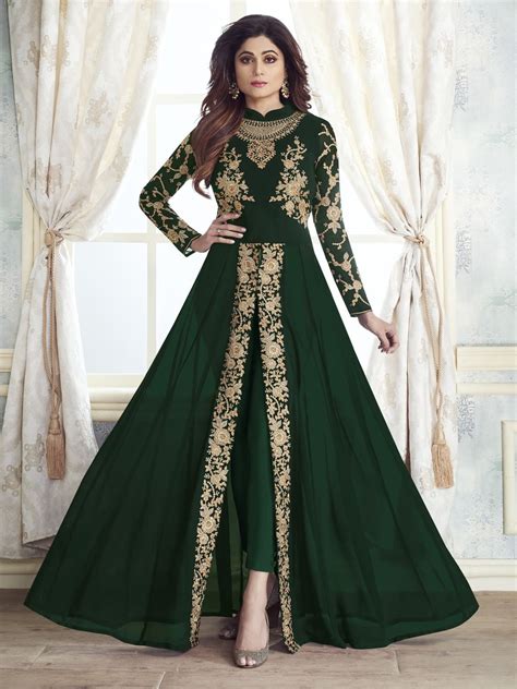 Green Ethnic Embroidered Designer Slit Style Anarkali Pant Suit