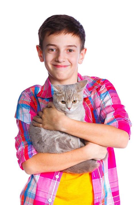 Boy With His Cat Stock Image Image Of Cute Domestic 53130975