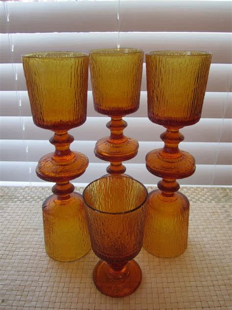 Items Similar To Vintage Stemmed Glasses Yellow Amber Brown Glassware On Etsy