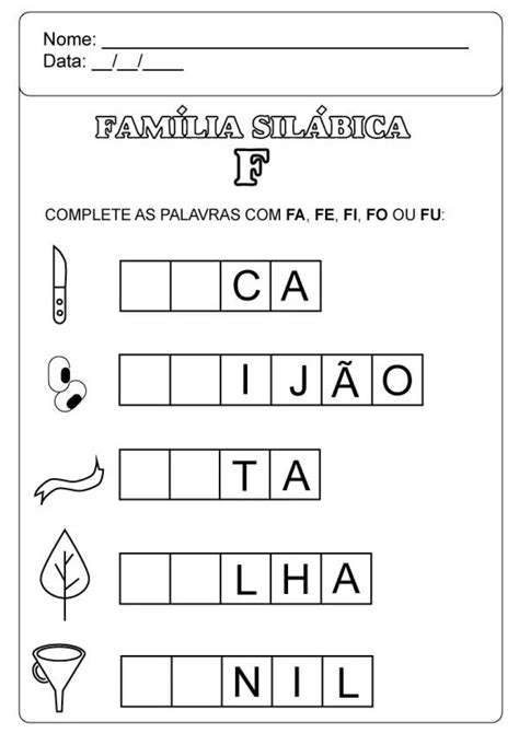 Família Silábica Do F Fa Fe Fi Fo Fu Atividades E Exercícios Com A