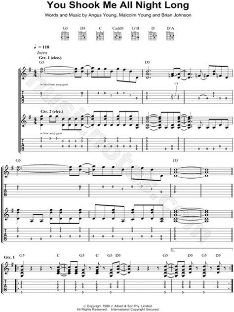 Acdc You Shook Me All Night Long Guitar Tab In G Major Download