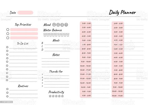 Daily Planner Printable Template Vector Blank White Notebook Page A4