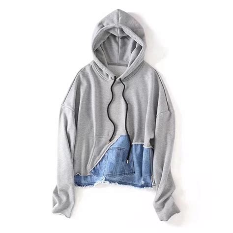 2018 Casual Denim Spliced Women Hooded Sweatshirts Contrast Colors