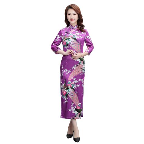 big size 3xl chinese women new satin cheongsam classic lady flower print qipao dress long