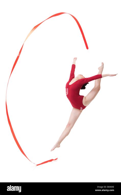 Female Gymnast Performing Rhythmic Gymnastics With Ribbon Stock Photo