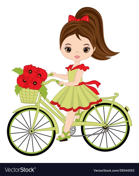 Beautiful Cute Brunette Girl Riding Bicycle Vector Image