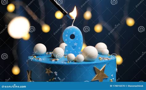 Birthday Cake Number 9 Stars Sky And Moon Concept Blue Candle Is Fire