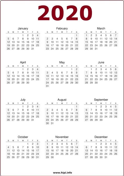 2020 Calendar Printable Free One Page Printable Calendar