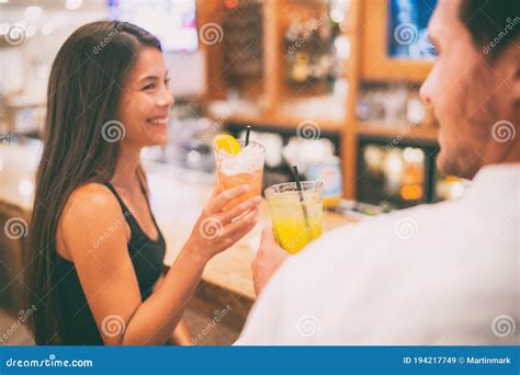 Bar Drinking Cocktails Dating Couple Lovers Talking With Drinks At