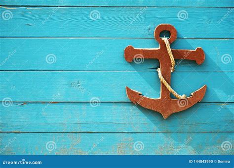 Decorative Wooden Sea Anchor On Blue Wooden Board Children S Nautical