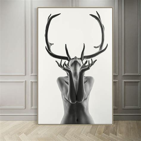 Nordic Simple Black And White Antlers Woman Model Abstract Canvas