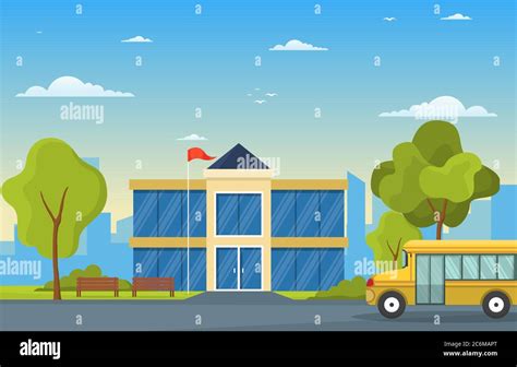 School Education Building Bus Outdoor Landscape Cartoon Illustration