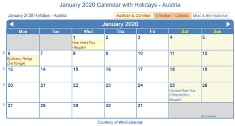 Print Friendly January 2020 Austria Calendar For Printing