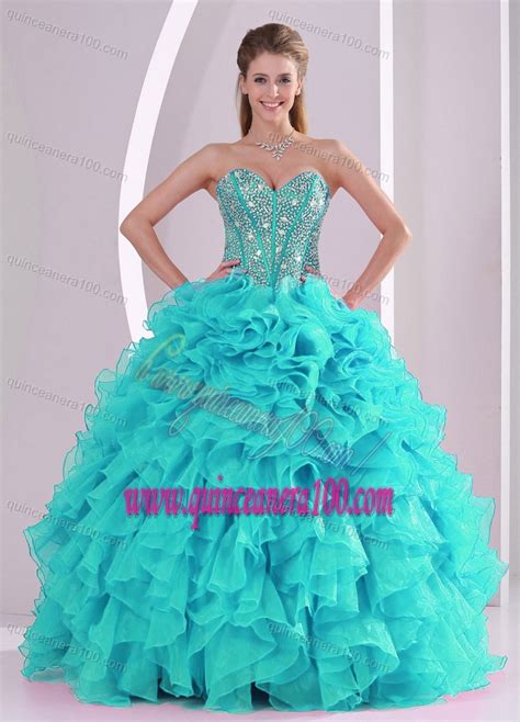 Elegant Aqua Blue Ball Gown Sweetheart Ruffles And Beaded Decorate