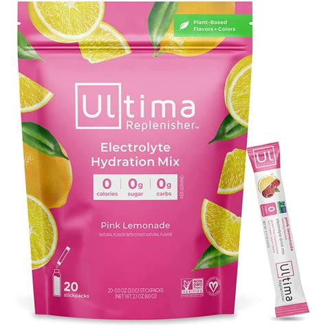Ultima Replenisher Electrolyte Hydration Powder Pink Lemonade 20 Count Stickpacks Pouch