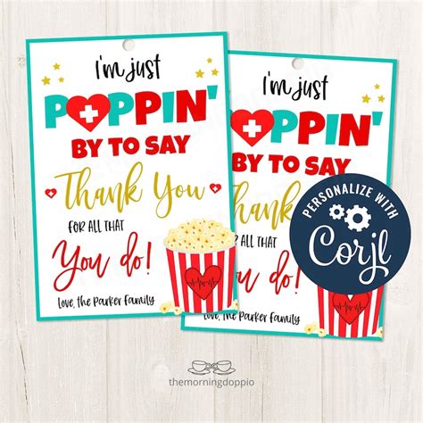 Printableeditable Just Poppin By To Say Thank You Popcorn Etsy