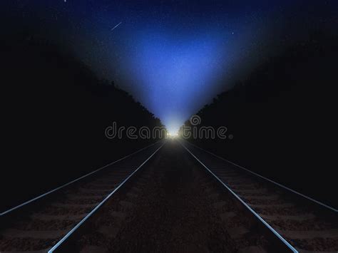Night Railway Road Closeup Goes Into The Distance On The Starry Sky