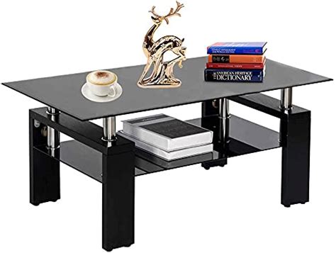 Rectangle Glass Coffee Table 2 Tier Center Table Modern Black Side